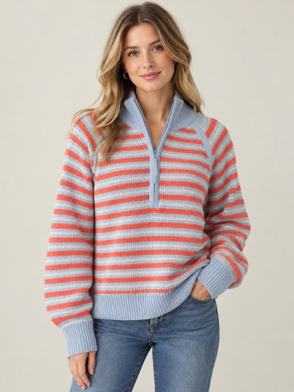 Aerie Offline Striped Half-Zip Turtleneck Sweater in Light Blue and Coral M